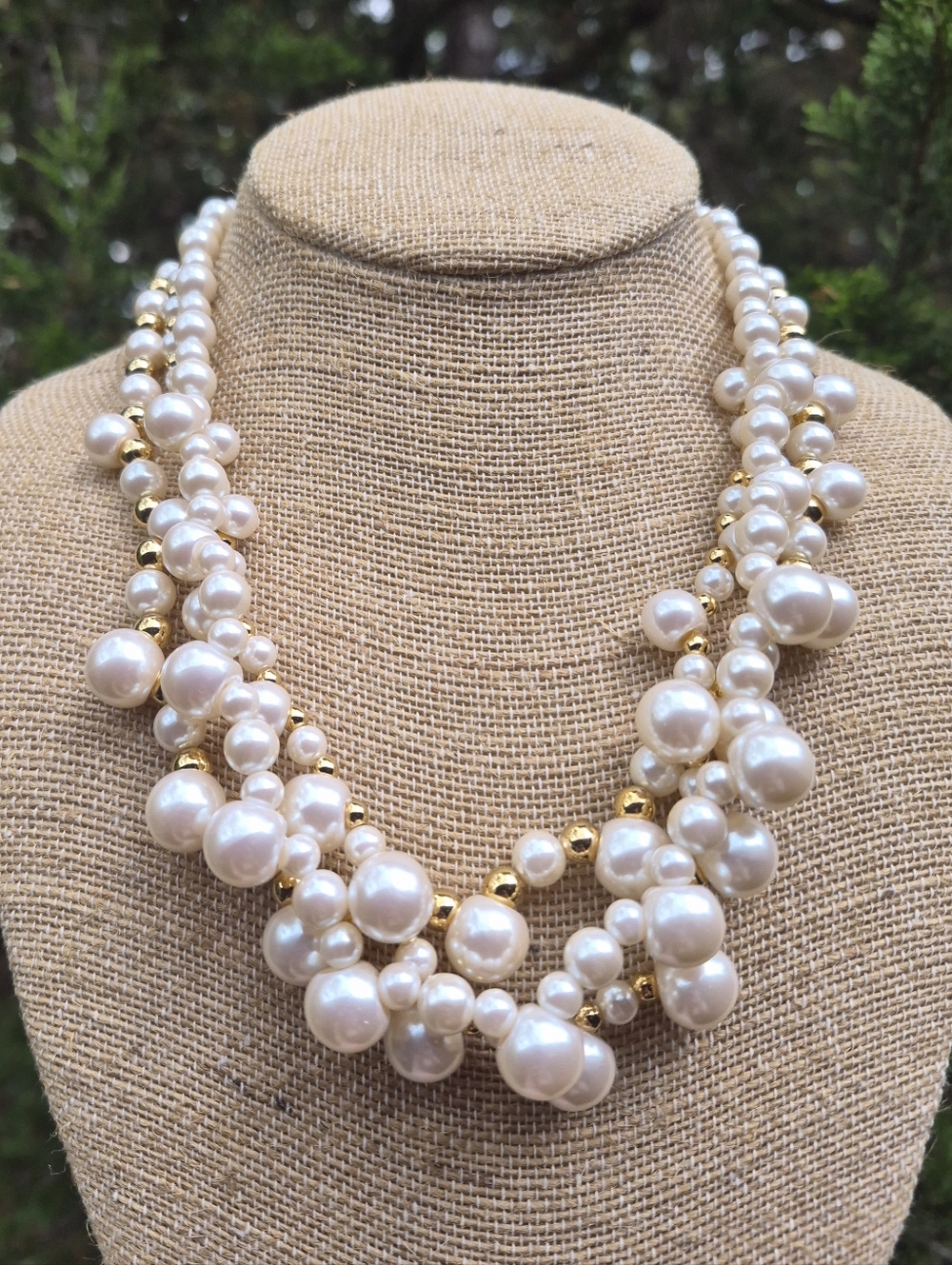 Vintage TRIFARI TM Faux Pearl and Gold Tone Triple Strand Necklace 19"